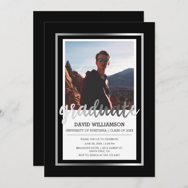 Silver & Black Typography | Photo Graduation Party Invitation (Front/Back)