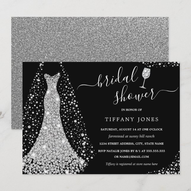 Silver Black Wedding Dress Sparkle Bridal Shower   Invitation (Front/Back)