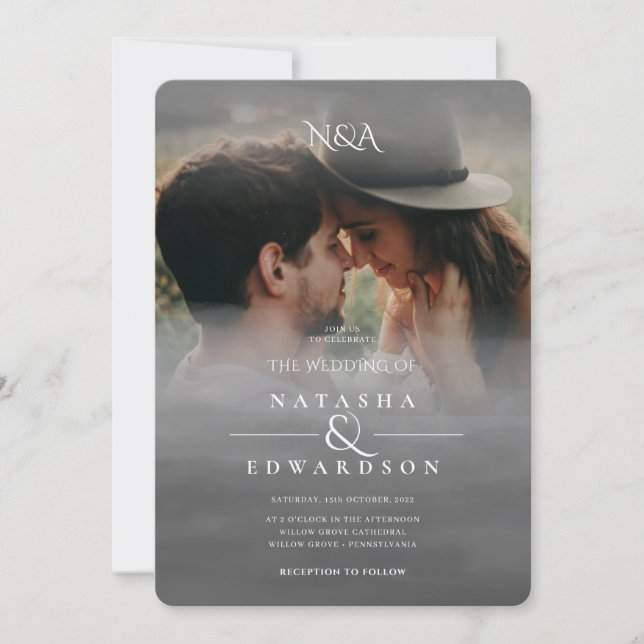  Silver Black White Abstract Overlay Photo Wedding Invitation (Front)