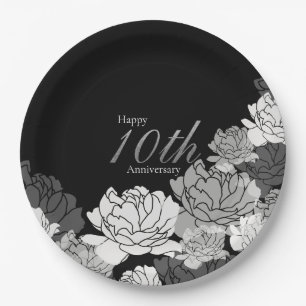 Silver, black & white rose print 10th anniversary paper plate