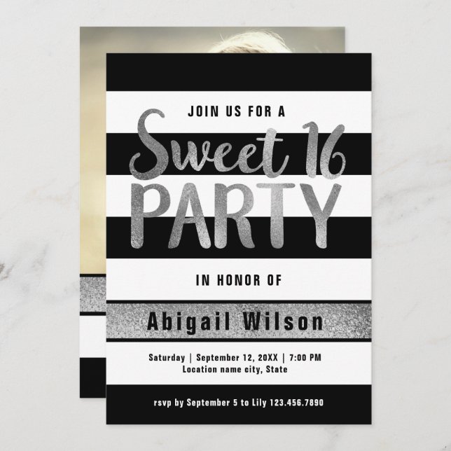 Silver black white sweet sixteen birthday party invitation (Front/Back)