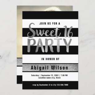 Silver black white sweet sixteen birthday party invitation