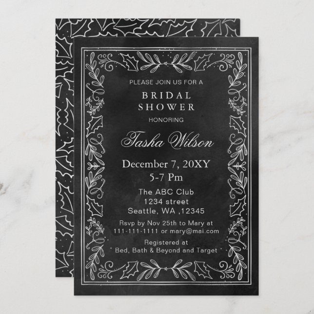 Silver Black Winter Foliage Holiday Bridal Shower Invitation (Front/Back)