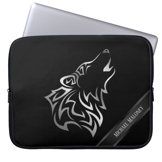 Silver Black Wolf Monogram Laptop Sleeve (Front)