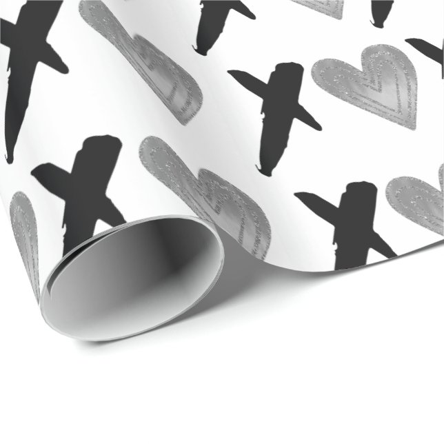 Silver Black XOXO Hearts Wrapping Paper (Roll Corner)