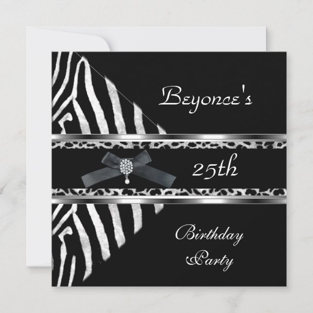 Silver Black Zebra Leopard Invite 25th Birthday (Front)