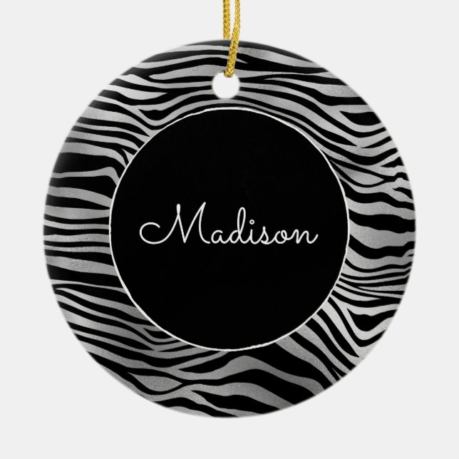 Silver Black Zebra Print Ceramic Ornament (Front)