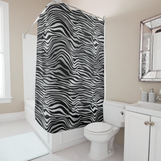 Silver Black Zebra Print Shower Curtain (In Situ)