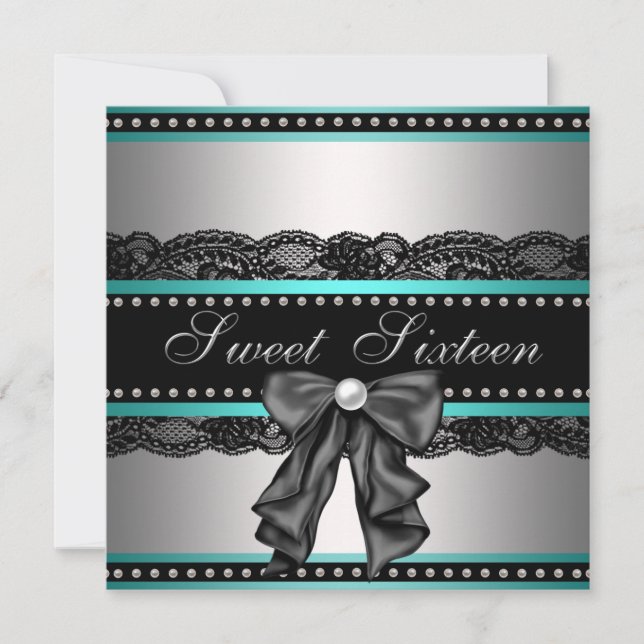Silver BlackTeal Blue Sweet 16 Birthday Party Invitation (Front)