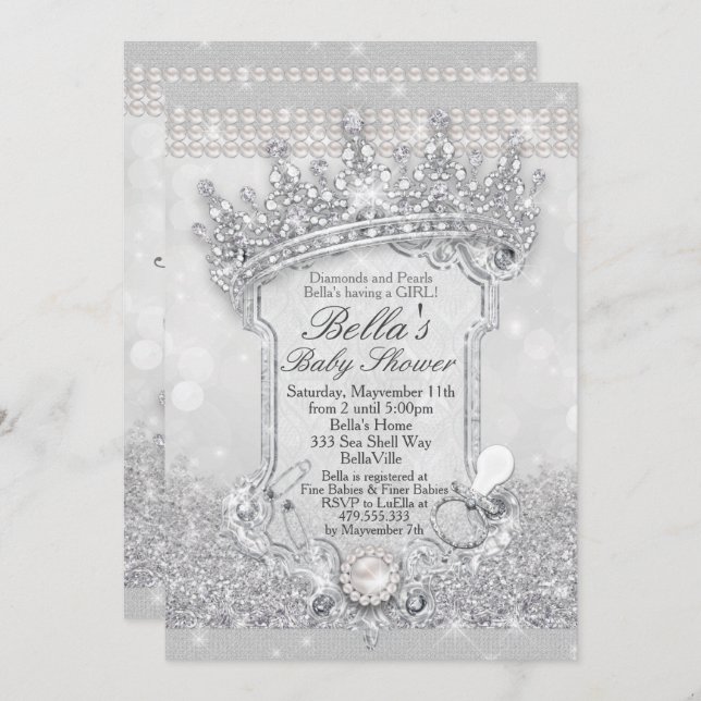 Silver Bling Glitter Baby Shower Invitations (Front/Back)