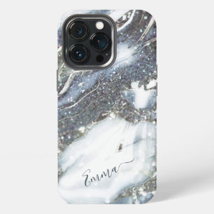 Silver bling glitter custom name script iPhone 13 pro case
