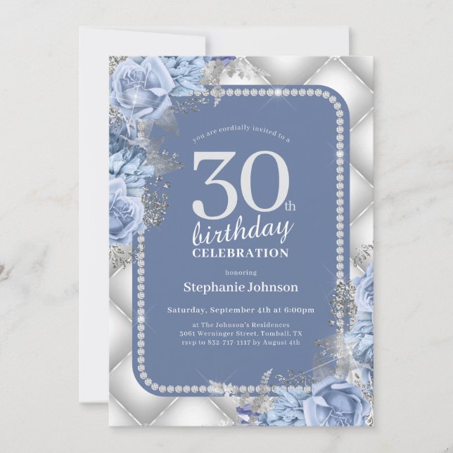 Silver Blue 30th Birthday Invitation (Front)