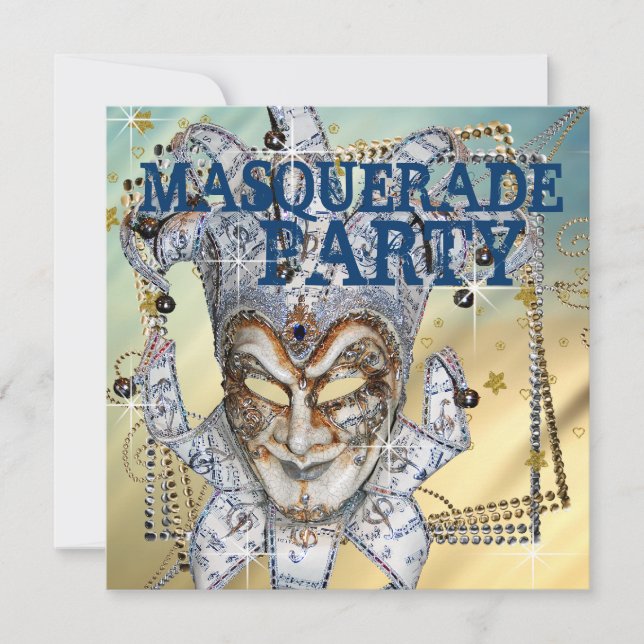 Silver Blue and Gold Masquerade Party Invitation (Front)