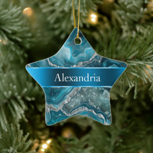 Silver Blue Aqua Glam Glitz Christmas Name Ceramic Ornament