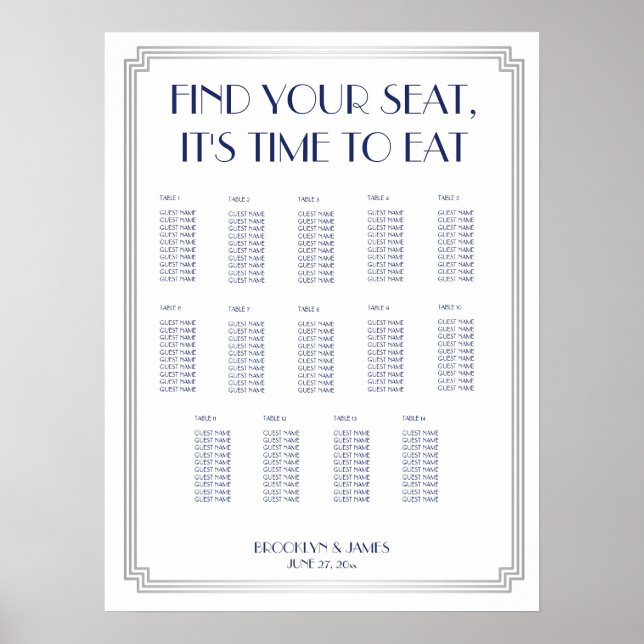 Silver Blue Art Deco Wedding Seating Chart Poster (Front)