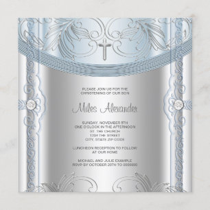 Silver Blue Baby Boy Christening Invitation