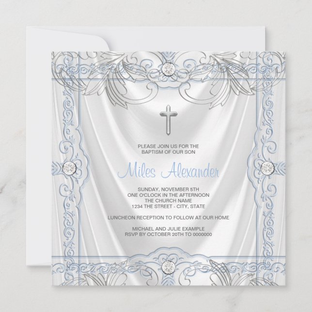Silver Blue Baby Boy Christening White Satin Invitation (Front)