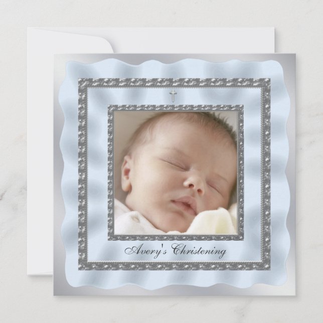 Silver Blue Baby Boy Photo Christening Baptism Invitation (Front)