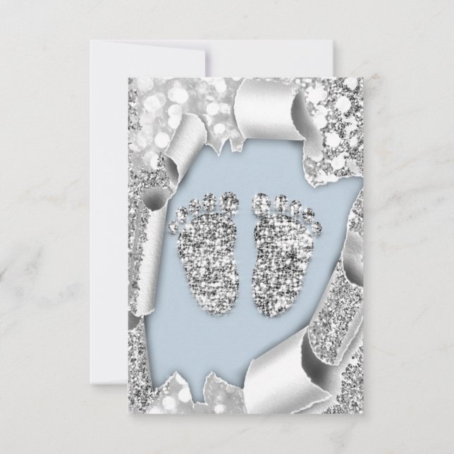 Silver Blue  Baby Shower Feet Boy Glitter Grey Invitation (Back)