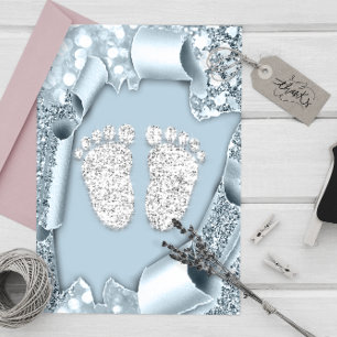 Silver Blue  Baby Shower Feet Boy Glitter Invitation