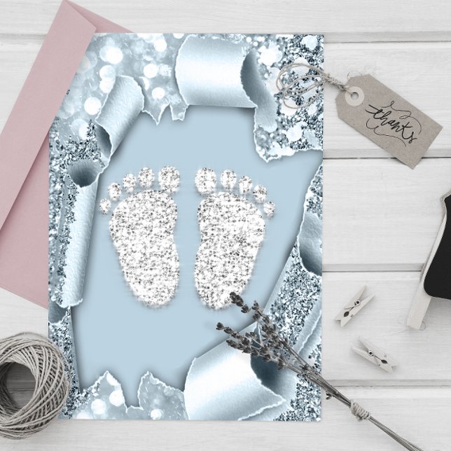 Silver Blue  Baby Shower Feet Boy Glitter Invitation (Silver Blue Baby Shower Feet Boy Glitter Invitation)