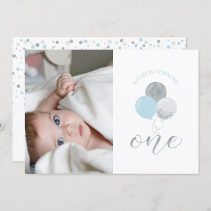 Silver & Blue Balloons Boy 1st Birthday Party Invitation