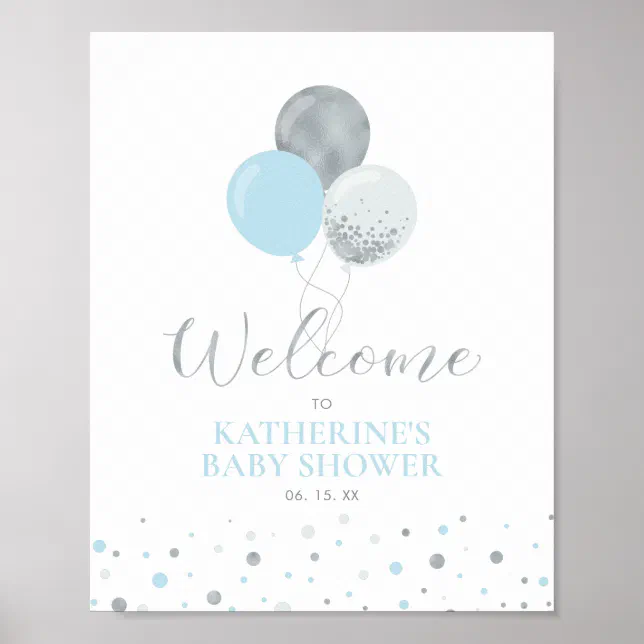 Silver & Blue Balloons | Boy Baby Shower Welcome Poster | Zazzle