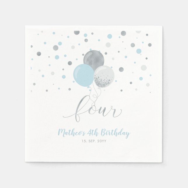 Silver & Blue Balloons Confetti Boy 4th Birthday N Napkin (Front)
