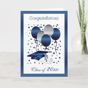 Silver blue balloons, mortar & diploma Graduation Card