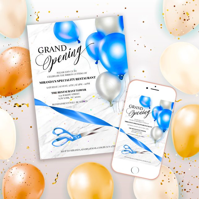 Silver Blue Balloons Restaurant Grand Opening Invitation (Creator Uploaded)