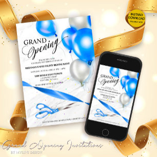 Silver Blue Balloons Restaurant Grand Opening Invitation