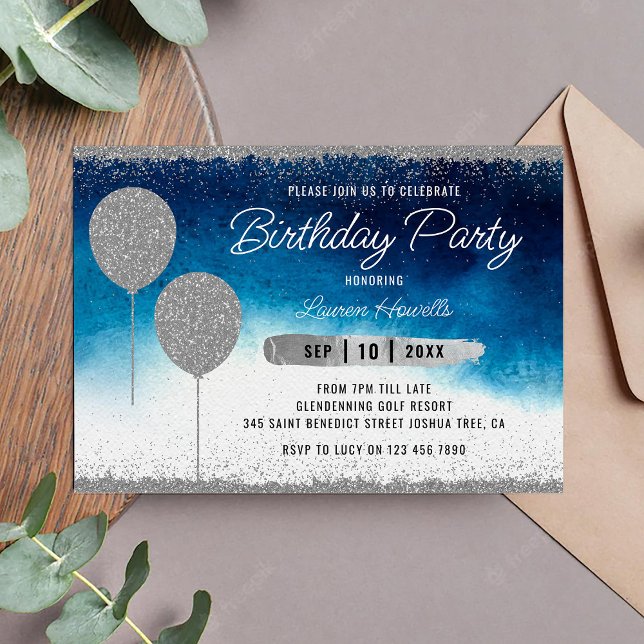 Silver & Blue Birthday Invitation (Creator Uploaded)
