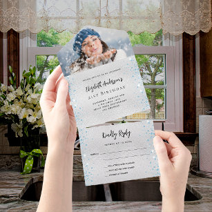 Silver blue birthday photo rsvp all in one invitation