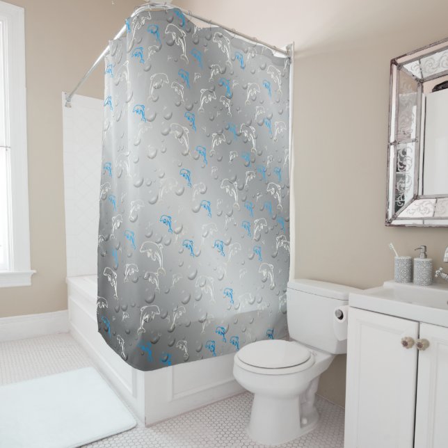silver,blue,blue, gold, silver, drawing, fish, shower curtain (In Situ)