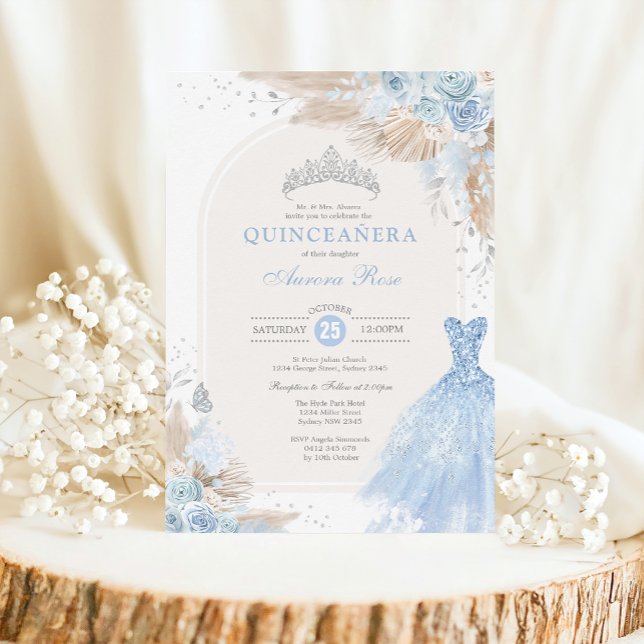 Silver Blue Boho Floral Quinceañera 15th Birthday Invitation (Creator Uploaded)