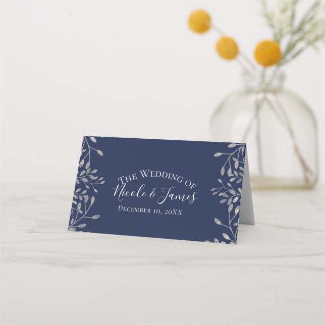 Silver & Blue Botanical Modern Wedding Table Seat Place Card (Front)