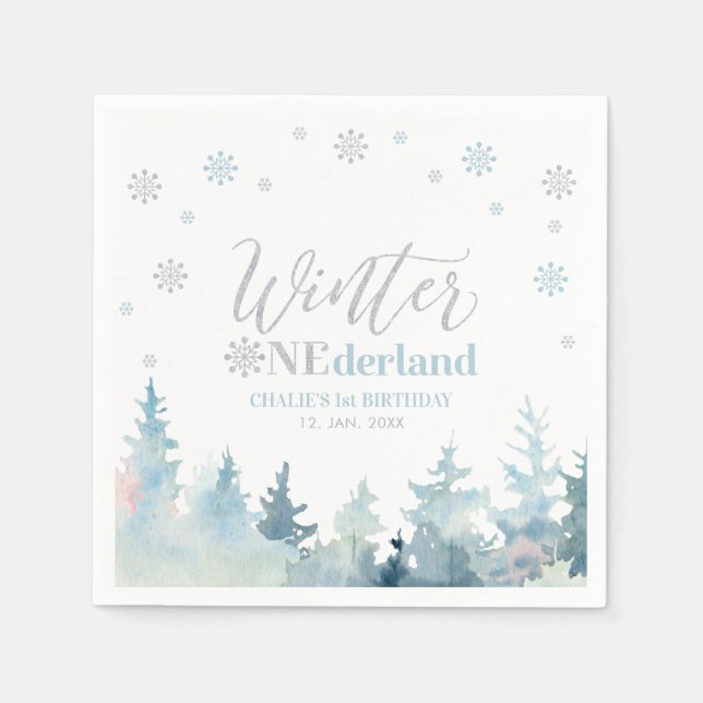 Silver & Blue Boy Winter Onederland 1st Birthday Napkin (Front)