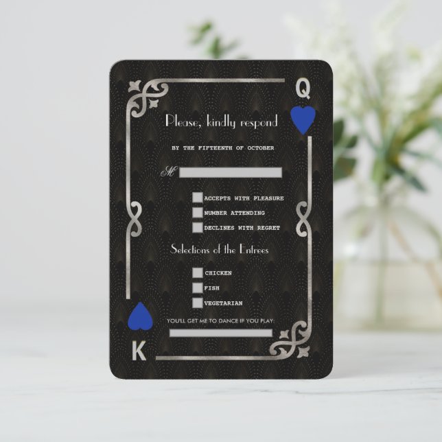 Silver Blue Casino Vegas Song Request Wedding RSVP Card (Standing Front)