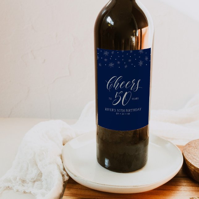 Silver Blue Cheers to 50 Years 50th Birthday Party Wine Label (Creator Uploaded)