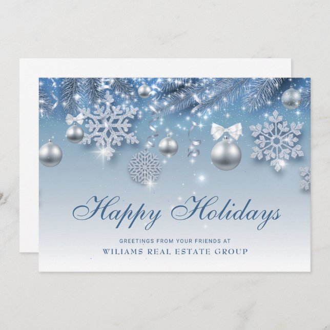 Silver Blue Christmas Ornament Corporate Greeting  Holiday Card (Front/Back)