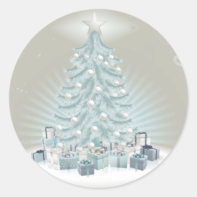 Silver blue Christmas tree, balls and gifts Classic Round Sticker (Front)