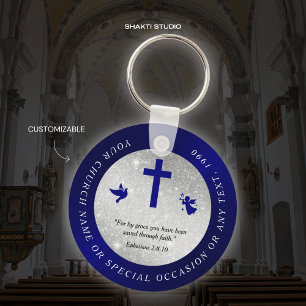 Silver Blue Church Christian Souvenir Keychain