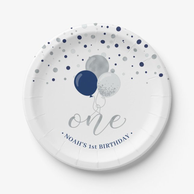 Silver & Blue Confetti Balloons 1st Birthday Party Paper Plate (Front)