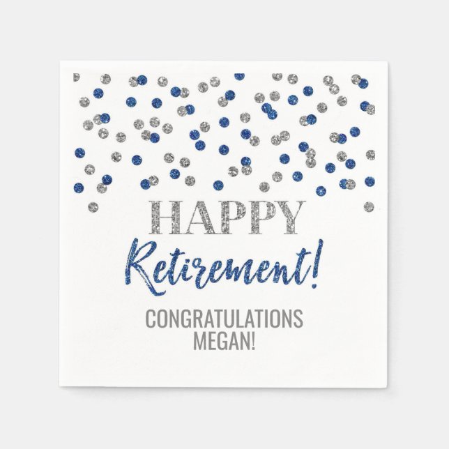 Silver Blue Confetti Happy Retirement Napkin (Front)