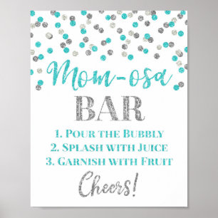 Silver Blue Confetti Mom-osa Bar Sign Baby Shower