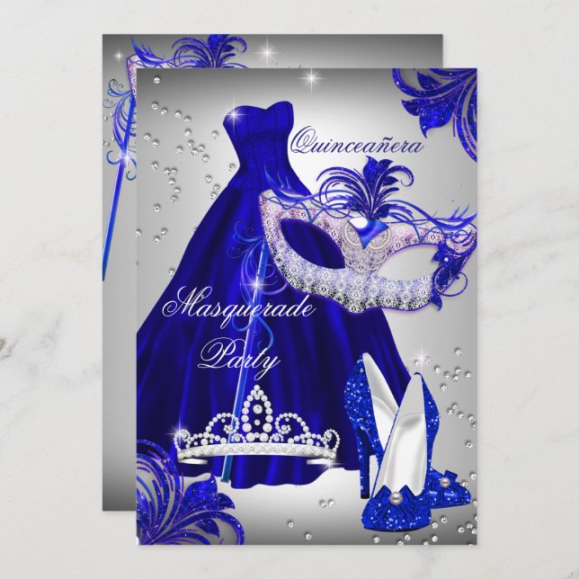 Silver & Blue Dress masquerade Quinceanera Invite (Front/Back)