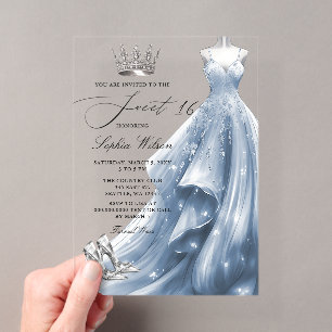 Silver Blue Dress Princess Sweet 16 Acrylic Invitations