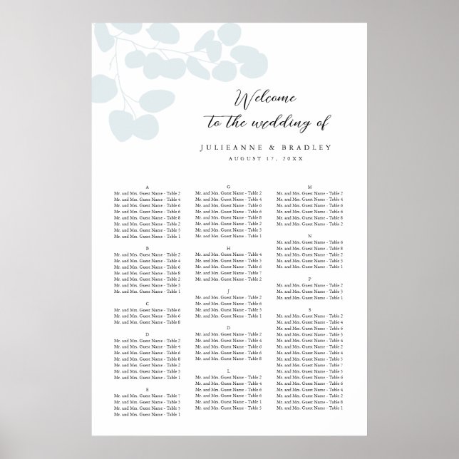 Silver Blue Eucalyptus Greenery Seating Chart (Front)