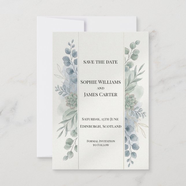 Silver Blue Eucalyptus Save The Date Card (Front)