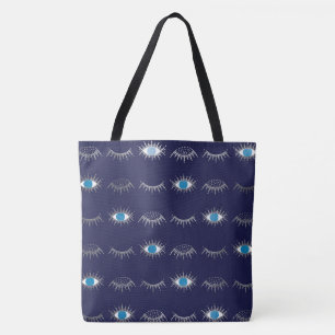 Silver Blue Evil Eye Eyelashes Nazar Mati Pattern Tote Bag